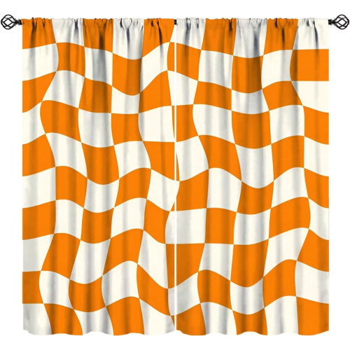 Checkerboard Curtains Boho Retro Beige Orange 72x63 in