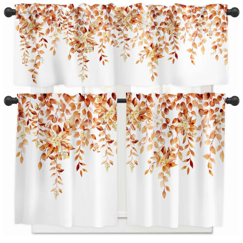 Orange Floral Kitchen Curtains and Valances Set 36 Inches