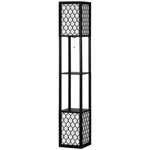 Modern Floor Lamp with 2 Shelves, Pull Chain Switch, Black White