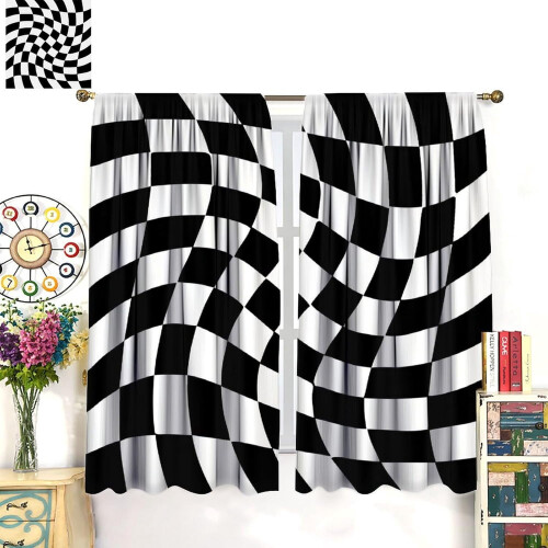 Hippie Checkered Curtains Black White Grid 72" W x 63" L 1