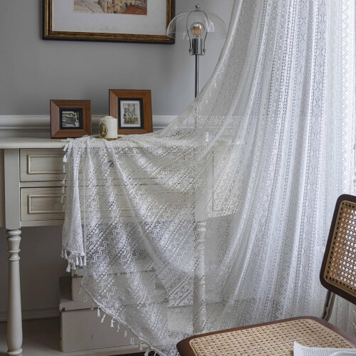 Boho Sheer Window Curtains Crochet Lace with Tassels Panel 2