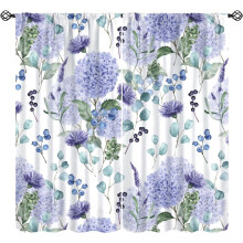 Purple floral curtains with eucalyptus hydrangea print rod