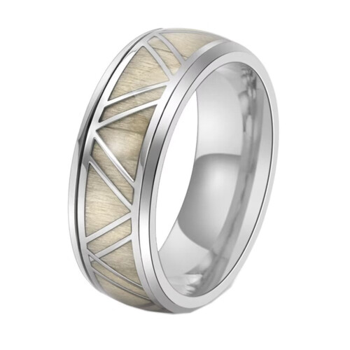 Bague triangulaire en acier inoxydable avec incrustation de bois, taille 8