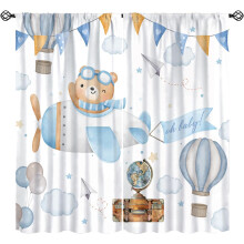 Modré záclony s medvědím vzorem, pastelový medvěd, design s mraky, 2 panely, 72x63