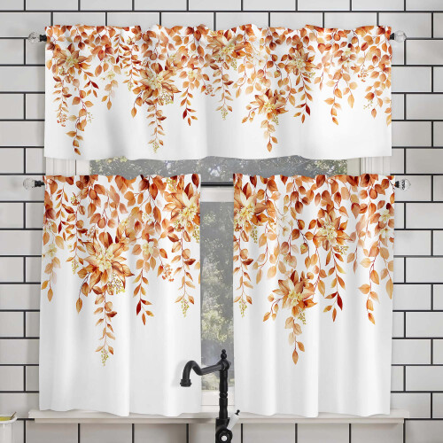 Orange Floral Kitchen Curtains and Valances Set 36 Inches 2