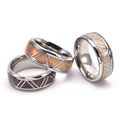 Bague triangulaire en acier inoxydable avec incrustation de bois, taille 7 2