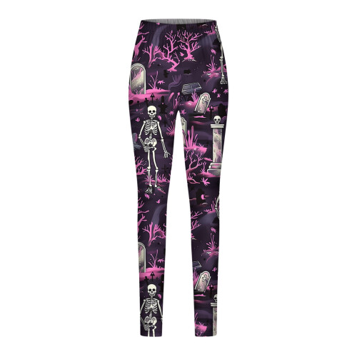 Dameslegging met hoge taille en spook- en pompoenprint, elastisch. 1
