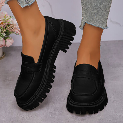 Γυναικεία Δερμάτινα Loafers Βρετανικού Στυλ με Στρογγυλή Μύτη 1