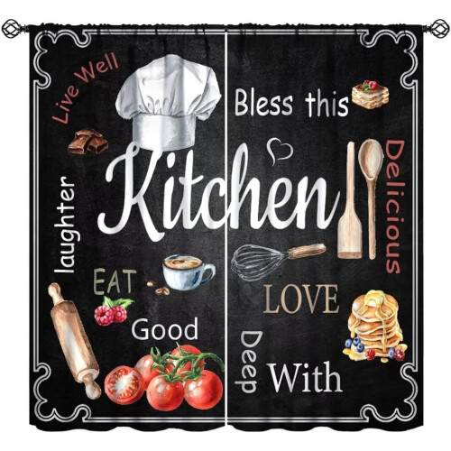 Farmhouse Kitchen Curtains Black White Chef Hat Print Rod