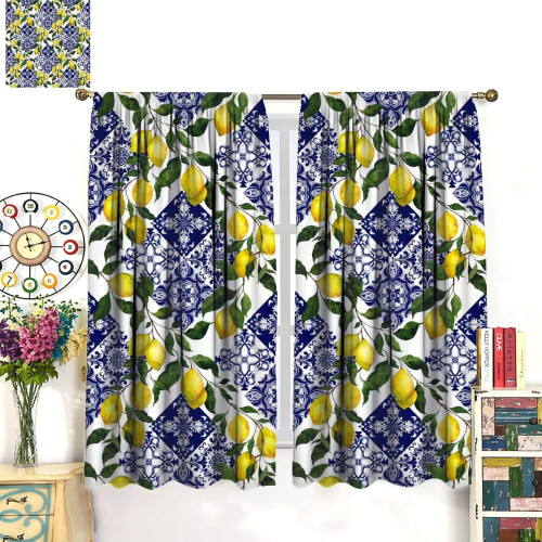 Lemon Leaf Curtains Blue Tile Print 42x54 Inch 2