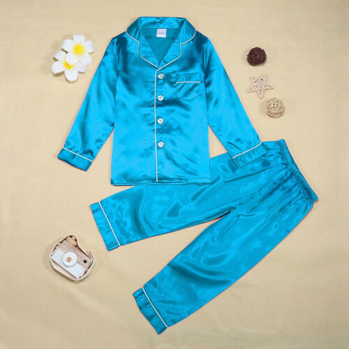 Girls Pajama Set Glitter Satin Solid Color 2-Piece Sky Blue 2