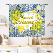 Lemon Kitchen Curtains Retro Blue Tiles Fruit Leaves 2