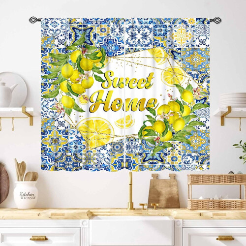 Lemon Kitchen Curtains Retro Blue Tiles Fruit Leaves 2