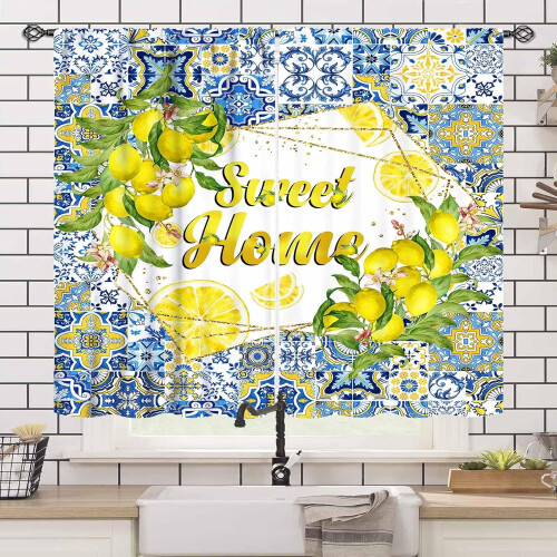 Lemon Kitchen Curtains Retro Blue Tiles Fruit Leaves 2 2