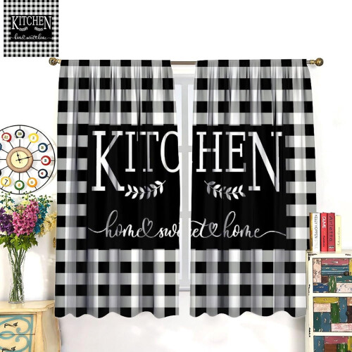 Rustic Kitchen Curtains Black White Buffalo Check 55" W x 2