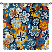 Blauwe gordijnen met bloemenprint in boho retro jaren 70 stijl, 160 cm breed x 160 cm lang