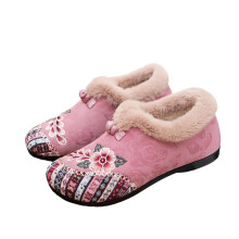 Chaussures plates en velours rose brodées pour femmes, style ethnique hiver