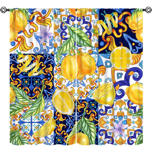 Lemon Curtains Blue Majolica Pattern Rod Pocket Thermal