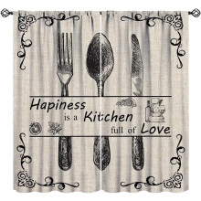 Farmhouse Kitchen Curtains Vintage Fork Spoon Beige Linen