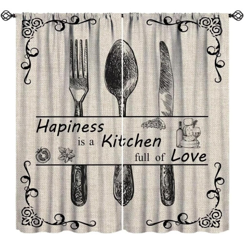 Farmhouse Kitchen Curtains Vintage Fork Spoon Beige Linen