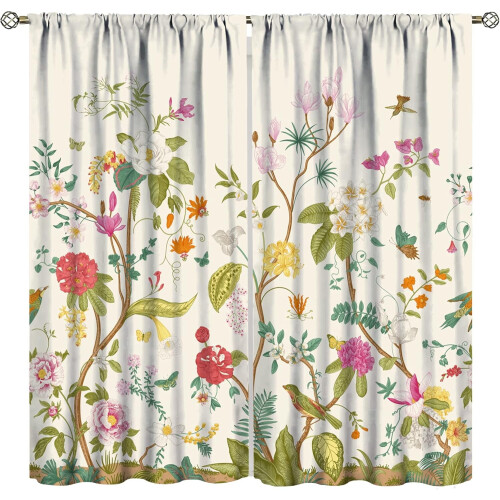 Floral Curtains Retro Bird and Flower Pattern 2 Panel Set