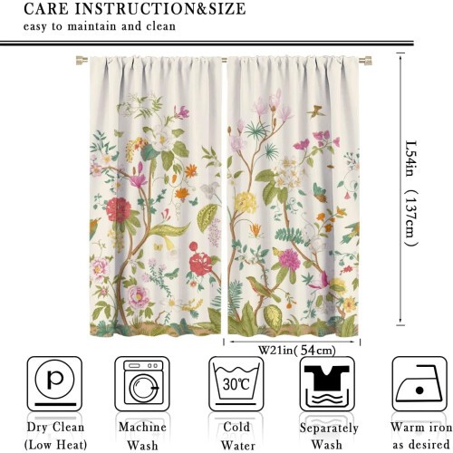 Floral Curtains Retro Bird and Flower Pattern 2 Panel Set 1