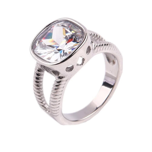 Stainless Steel Square Cubic Zirconia Ring Silver White