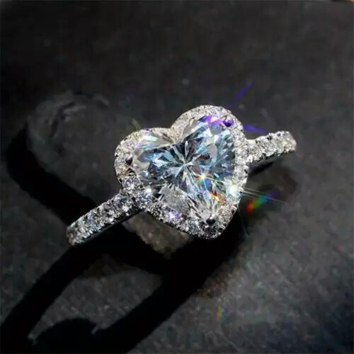 Heart Cut Cubic Zirconia Ring Silver Plated Size 5-12