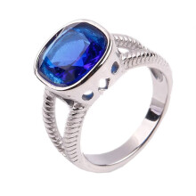 Stainless Steel Square Cubic Zirconia Ring Silver Dark Blue