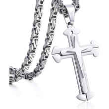 Men's Cross Pendant Necklace Stainless Steel Byzantine