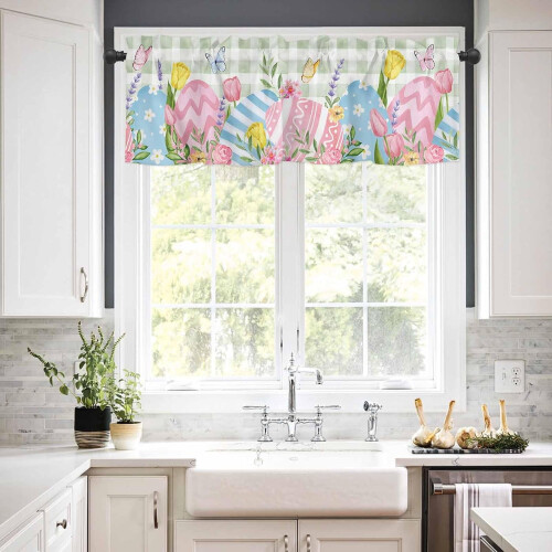 Easter Kitchen Curtains Teal Plaid Floral Botanical Eggs 24 2