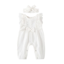 Baby Girl Cotton Romper Crew Neck Sleeveless Bodysuit White