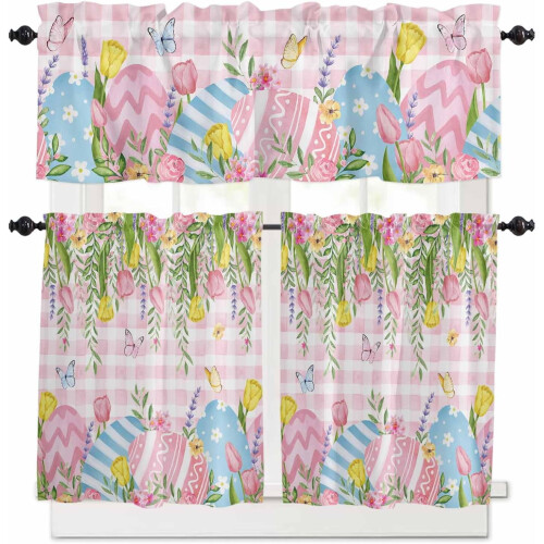 Spring Easter Kitchen Curtains Set Pink Plaid Floral Eggs 1