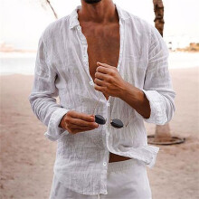 Men's Cotton Linen Shirt Long Sleeve Regular Fit White Size