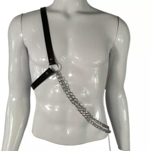 Men's Punk Leather Chest Harness with Silver Metal Chain