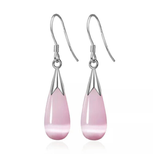 Moonstone Opal Drop Earrings 925 Sterling Silver Pink