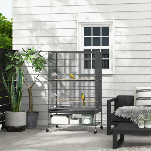 Bird Cage with Perches, Toys, Removable Base Tray and Storage Shelf, Grey 2