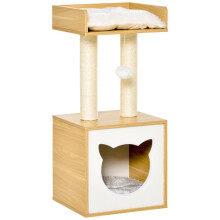 Cat Cave Bed with Washable Cushion, Platform, Scratching Post and Toy Ball
