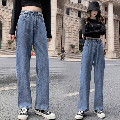 Mørkeblå højtaljede lige jeans til kvinder 1