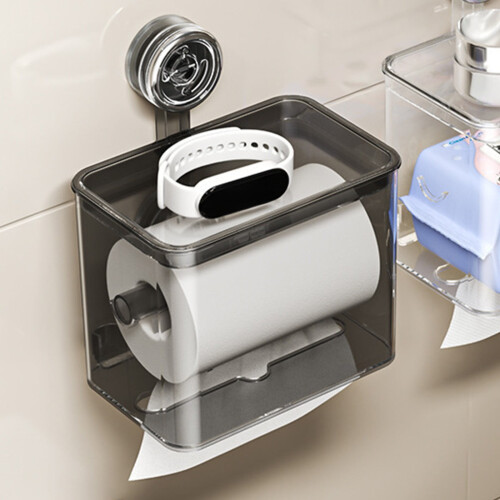 Grey suction cup toilet paper holder wall-mounted no-drill 1