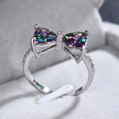 925 Silver Bow Ring with Crystal Zircon, Size 6-10 1