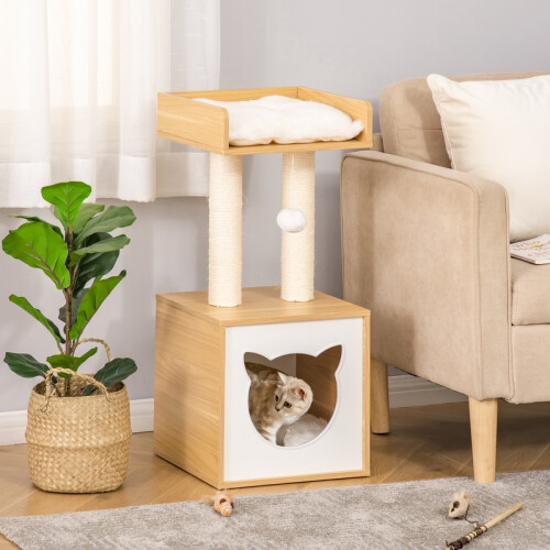 Cat Cave Bed with Washable Cushion, Platform, Scratching Post and Toy Ball 2