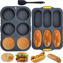 3Pcs Silicone Hot Dog & Hambergur Buns Pan Set,6 Cavity Nonstick Baguette-Bread Loaf Mold,for HamBurger,Hotdog,Oven Safe