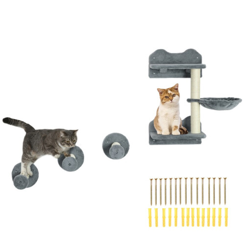 4PCS Cat Climbing Wall Set with Scratching Post and Hammock, Grey Cream