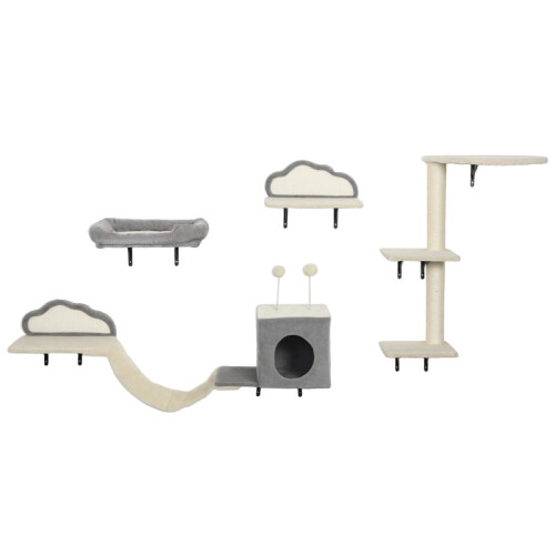 Wall Mounted Cat Tree Set with Sisal Scratching Surface, 4 Pieces, Beige 1