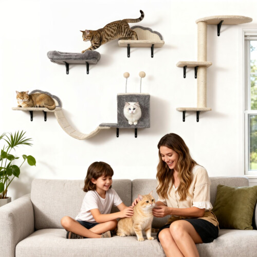 Wall Mounted Cat Tree Set with Sisal Scratching Surface, 4 Pieces, Beige 2