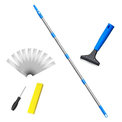 Heavy-Duty Floor Scraper with 8-66.5" Long Handle, 4-Inch Metal Blade Cleaning Tool, Includes 10 Replacement Blades