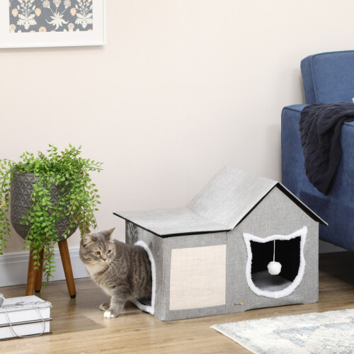 Cat House with Scratching Surface, Play Ball and Cozy Sleeping Cave 2