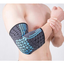 Grijsblauwe compressiemouw voor elleboogondersteuning bij tendinitis, unisex brace voor linker- en rechterarm voor dagelijks gebruik.
