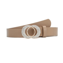 Damengürtel aus PU-Leder mit doppelter O-Ring-Schnalle und Diamantbesatz, 106 cm, khaki, verstellbarer Taillengürtel